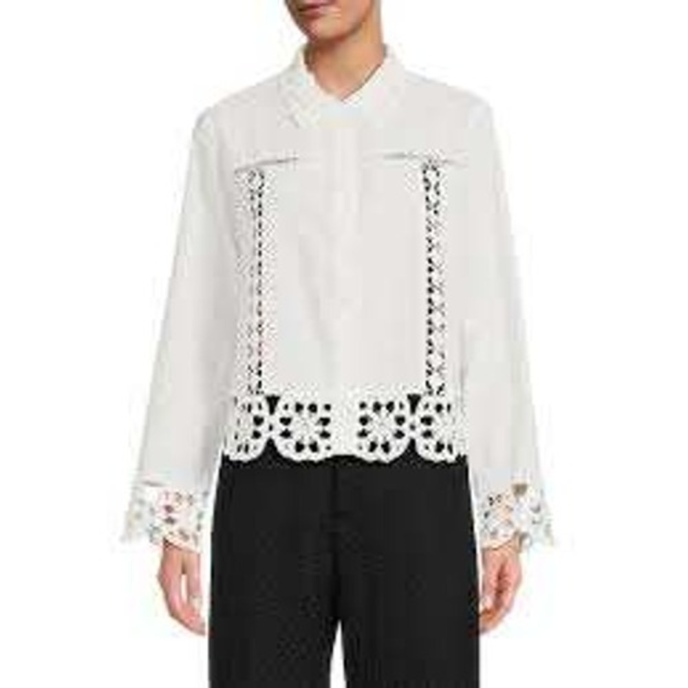WD.NY White Long-Sleeve Lace Trim Blouse